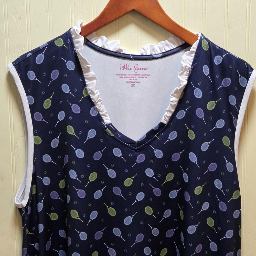 Lillie Green‎ Dress Womens 3X Blue Tennis Racket Sleeveless V Neck Ruffle Swing